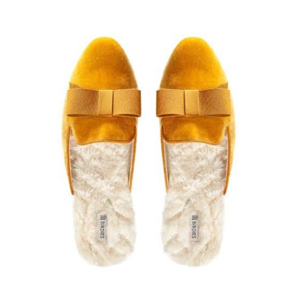 Birdies Flats FauxFur lined Mustard Velvet Mules